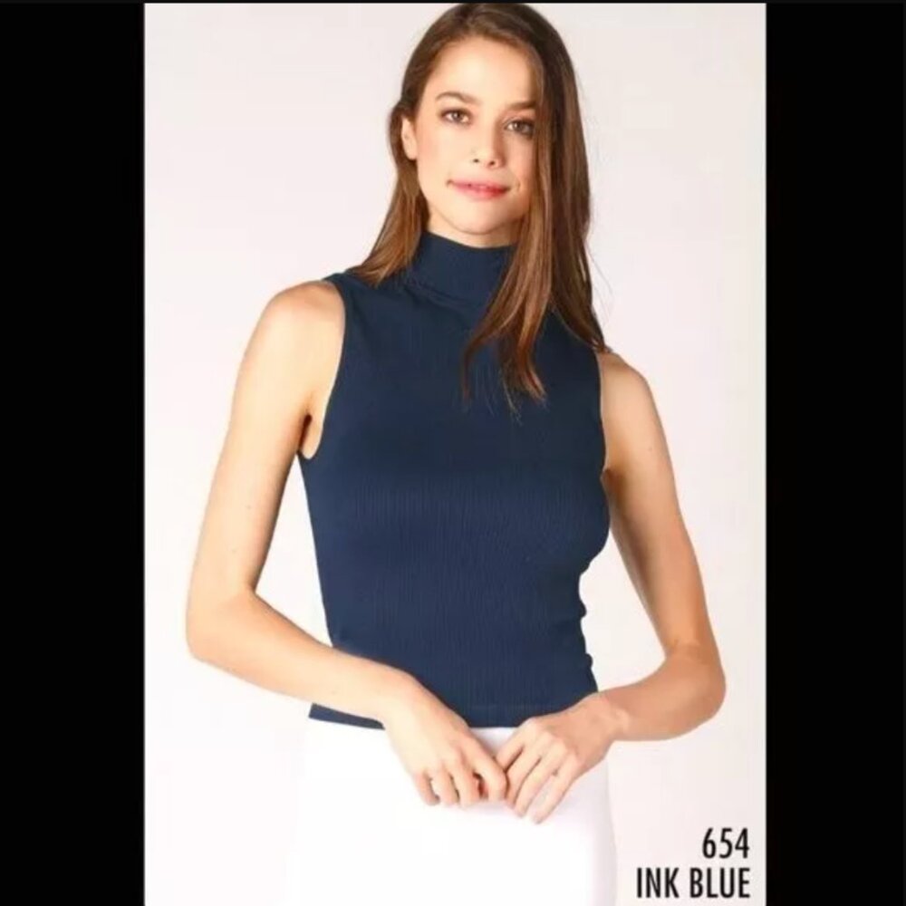 NEW Ink Blue Ribbed Sleeveless Turtleneck by Nikibiki